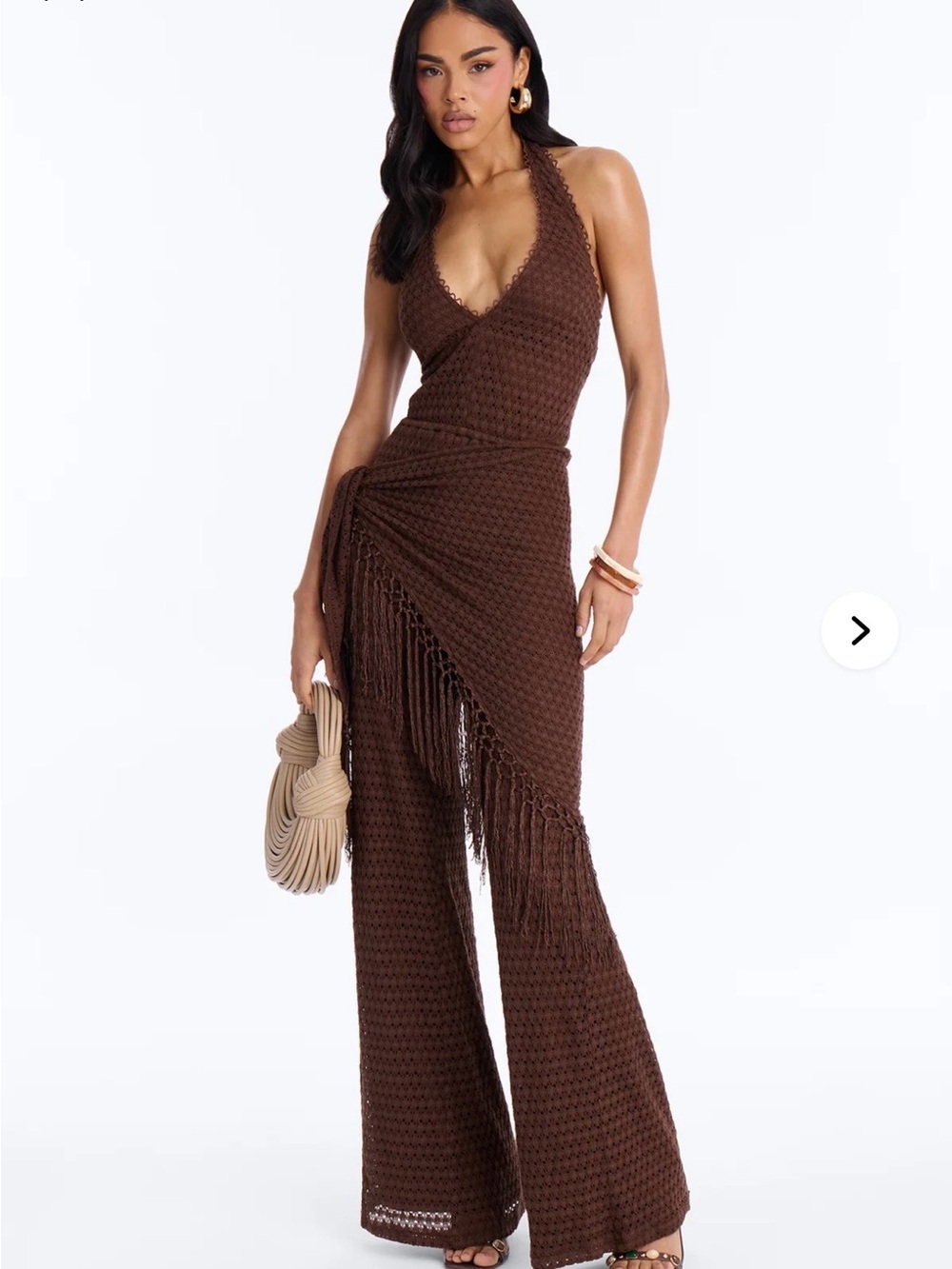 NWT Fashion Nova Brown Crochet Halter Fringe Jumpsuit